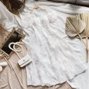 Váy hoa nhí cổ vuông vintage dáng dài tay ngắn phối nút bộc,đầm dự tiệc cưới công chúa sang chảnh xinh đẹp-8