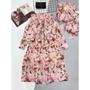 [Mã FATHANG5 giảm 10K đơn 50K] V047 Váy Dự Tiệc Dáng Dài pha Cổ Nơ , Đầm Hoạ Tiết Dài Tay , Chân Váy Dập Ly Cao Cấp-6