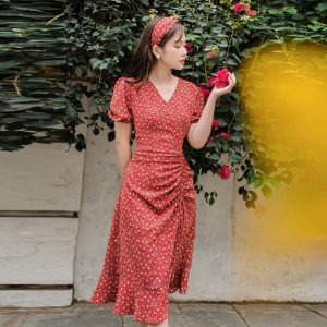 Váy hoa nhí tay bồng đuôi cá thiết kế GIIAN, đầm nữ công sở ngắn tay cổ V rút dây dáng dài G-V2156-2