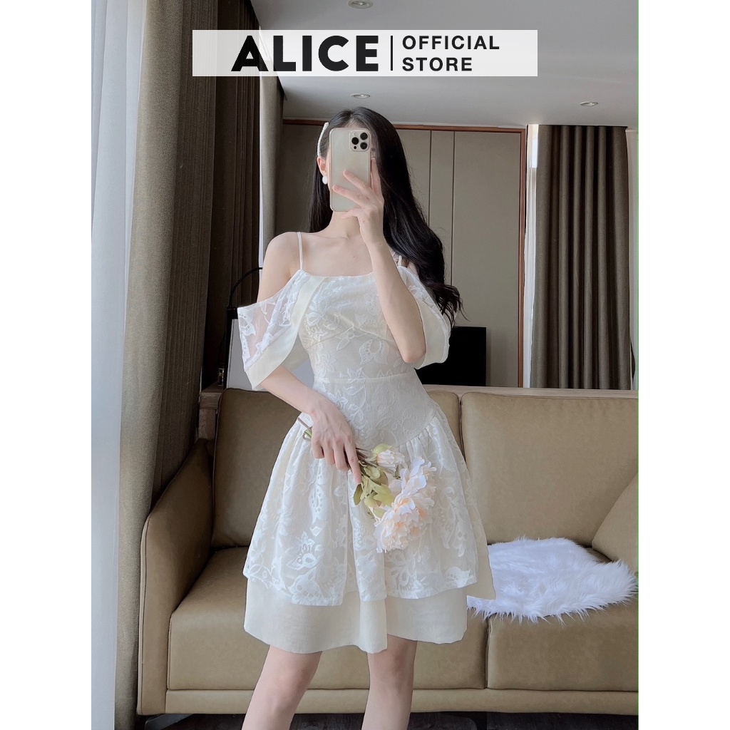 Váy Ren Nữ Tiểu Thư Dáng Xòe ALICE Phối Tơ Nến Lót Lụa, Thiết Kế Trễ Vai Sang Chảnh V799-4