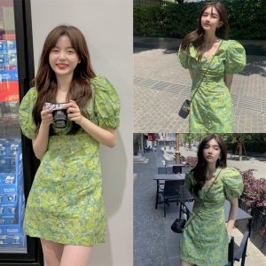 Váy Hoa Xanh Khuy Bọc Tay Phồng Siêu Xinh Có Ảnh Thật Kèm Video-2