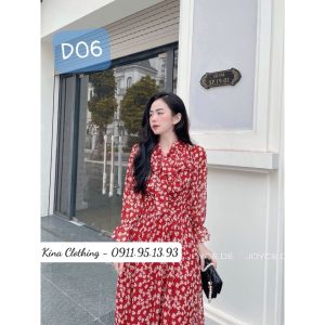 Đầm nữ maxi dáng dài cổ nơ đính ngọc voan hoa nhí D06-4