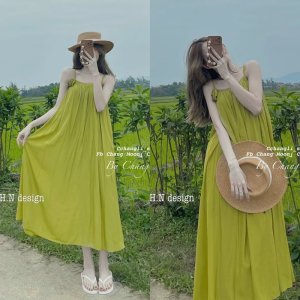 Váy Maxi 2 Dây Xanh Kèm Hoa Siêu Xinh Có Ảnh Thật Kèm Video-1