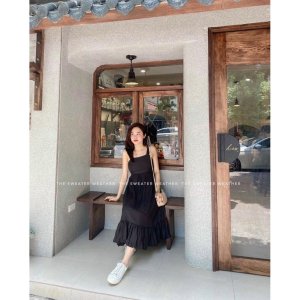 Váy đầm nữ 2 dây buộc nơ lưng trắng đen dáng suông dài cổ vuông freesize phom rộng đi biển du lịch hở lưng sexy C306-5