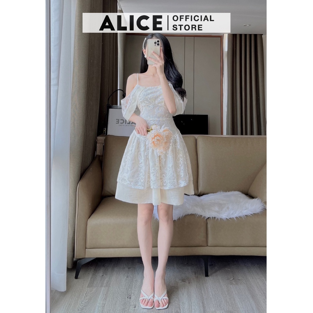 Váy Ren Nữ Tiểu Thư Dáng Xòe ALICE Phối Tơ Nến Lót Lụa, Thiết Kế Trễ Vai Sang Chảnh V799-7