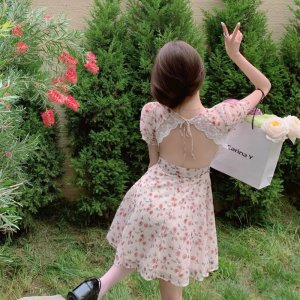 [Ảnh thật/Video]Váy hoa nhí Lulilan tay bồng hở lưng viền ren xinh xắn Đầm nữ tiểu thư cutout sexy-2