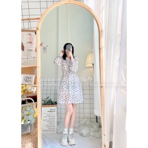 Váy hoa dài tay ulzzang kèm đai Tia19. Đầm hoa nhí ulzzang dáng xoè (Ảnh thật)-8