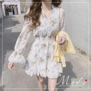 Váy hoa nhí Vintage đuôi cá dài tay có chun eo-5