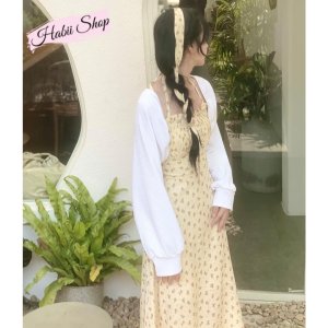 Set váy hoa nhí cổ yếm dáng dài kèm áo khoác cardigan croptop Ulzzang HABII V02-9