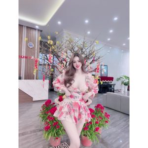 [CH31] Set Váy Hoa Voan Dáng Xòe Tầng Tay Dài Lưng Thun Phối Ren Chân Ngực - Vải Chiffon - 2 Màu Hồng, Xanh - ẢNH THẬT-2