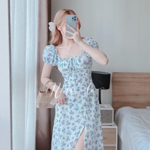 [Ảnh thật/Video] Váy đầm hoa xanh dúm ngực xẻ tà chun vai tiểu thư chất cực đẹp V124-1