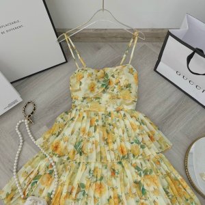 Váy hoa nhí đuôi cá nhún eo họa tiết hoa vàng tay phồng cách điệu dáng dài dự tiệc,công sở xinh đẹp XUKA DRESS DT038-6