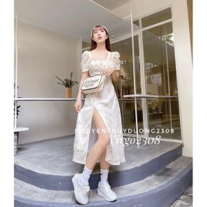 [Ảnh thật/Sẵn]Váy hoa nhúm ngực xẻ tà tay bồng/Đầm hoa Wedding dress-2