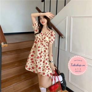 Đầm hoa nhí dáng xòe màu đỏ cho nữ bánh bèo, váy tiểu thư phong cách ulzzang siêu xinh-4