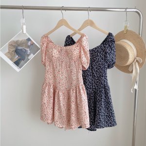 Váy hoa nhí cúp ngực cổ vuông tay phồng dáng xoè ngắn tiểu thư vintage xixeoshop - v110-7