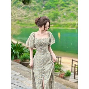 Váy đầm nữ dáng xòe cổ vuông tay phồng họa tiết phối nút bọc-3