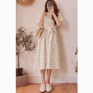 Váy trắng hoa nhí vintage body tay ngắn babydoll thiết kế , Đầm dự tiệc dây cột eo bản to-3