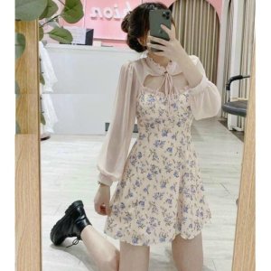 Váy đầm nữ dáng xòe hoa nhí cổ nơ khoét ngực dễ thương-4