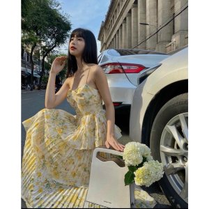 Váy hoa nhí đuôi cá nhún eo họa tiết hoa vàng tay phồng cách điệu dáng dài dự tiệc,công sở xinh đẹp XUKA DRESS DT038-4