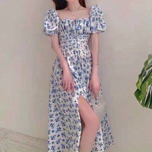 (MIỄN PHÍ SHIP 2022) Đầm hoa nhí xẻ tà màu xanh, đầm maxi đi biển xẻ tà, đầm công chúa, váy nữ xòe bồng tay phồng-3