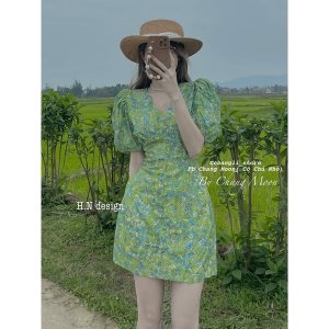 Váy Hoa Xanh Khuy Bọc Tay Phồng Siêu Xinh Có Ảnh Thật Kèm Video-3