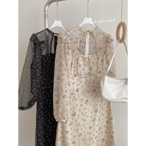 Đầm nơ cổ khoét ngực, Váy hoa nhí dáng xoè Emmei v85-8