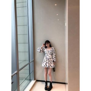 Váy đầm dài tay hoa xanh cổ chữ U dúm ngực tay phồng tiểu thư-5