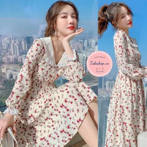 Váy Đầm hoa nhí dài tay cổ sen phối ren cho nữ bánh bèo, đầm tiểu thư phong cách hàn quốc dự tiệc đi chơi noel tết-8