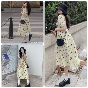 Váy Be Hoa Đen Phối Tay Chun PEONYB Nữ [FREESHIP] 🌸 Đầm đi biển dáng suông dài bánh bèo tiểu thư hàn quốc Ulzzang 🌸-1