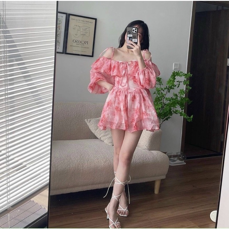 [Hàng đặt trước] Váy hoa 2s trễ vai, vai cách điệu bèo, có độ phồng xoè [MS1]-4