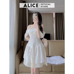 Váy Ren Nữ Tiểu Thư Dáng Xòe ALICE Phối Tơ Nến Lót Lụa, Thiết Kế Trễ Vai Sang Chảnh V799-6