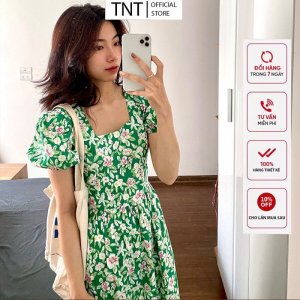váy hoa vitage, đầm babydoll cổ vuông buộc nơ sau phong cách hàn quốc-8