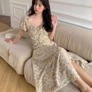 Váy hoa nhí dáng dài cổ vuông xẻ tà phong cách ulzzang vingate( Sẵn Hồng)-2