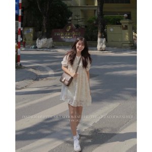 Váy kiểu Hàn Quốc V.097, Váy babydoll be 2 lớp cổ tròn tay phồng thắt nơ lưng họa tiết ren nổi cực xinh-3