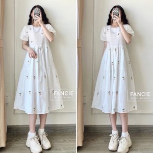 Váy babydoll trắng hoa cúc thắt dây eo 2 mẫu / Đầm suông hoa nhí cộc tay (Ảnh thật ở cuối)-9