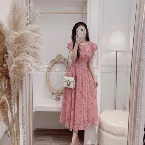 Váy hoa hồng cánh tiên dáng dài xòe đai eo-5