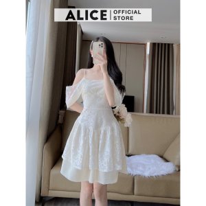 Váy Ren Nữ Tiểu Thư Dáng Xòe ALICE Phối Tơ Nến Lót Lụa, Thiết Kế Trễ Vai Sang Chảnh V799-3