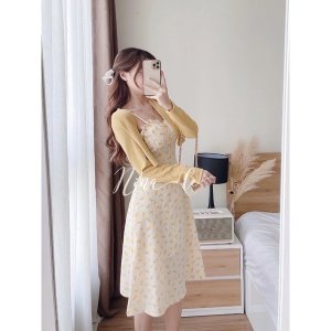 (Sẵn Vàng Hồng) Sét Váy Hai Dây Hoa Nhí Kèm Áo Khoác Cardigan Siêu Đẹp (Ảnh thật ở cuối)-4