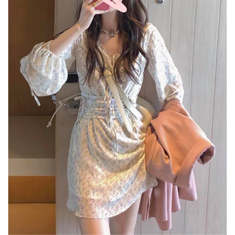 Váy hoa nhí dài tay tiểu thư kèm đai rút eo, Váy hoa vintage kèm đai corset siêu xinh (Có feedback của khách)-2