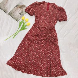 Váy hoa nhí tay bồng đuôi cá thiết kế GIIAN, đầm nữ công sở ngắn tay cổ V rút dây dáng dài G-V2156-4