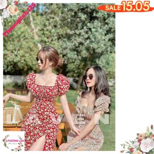 VÁY HOA NHÍ ĐỎ CỔ VUÔNG XẺ VẠT-4