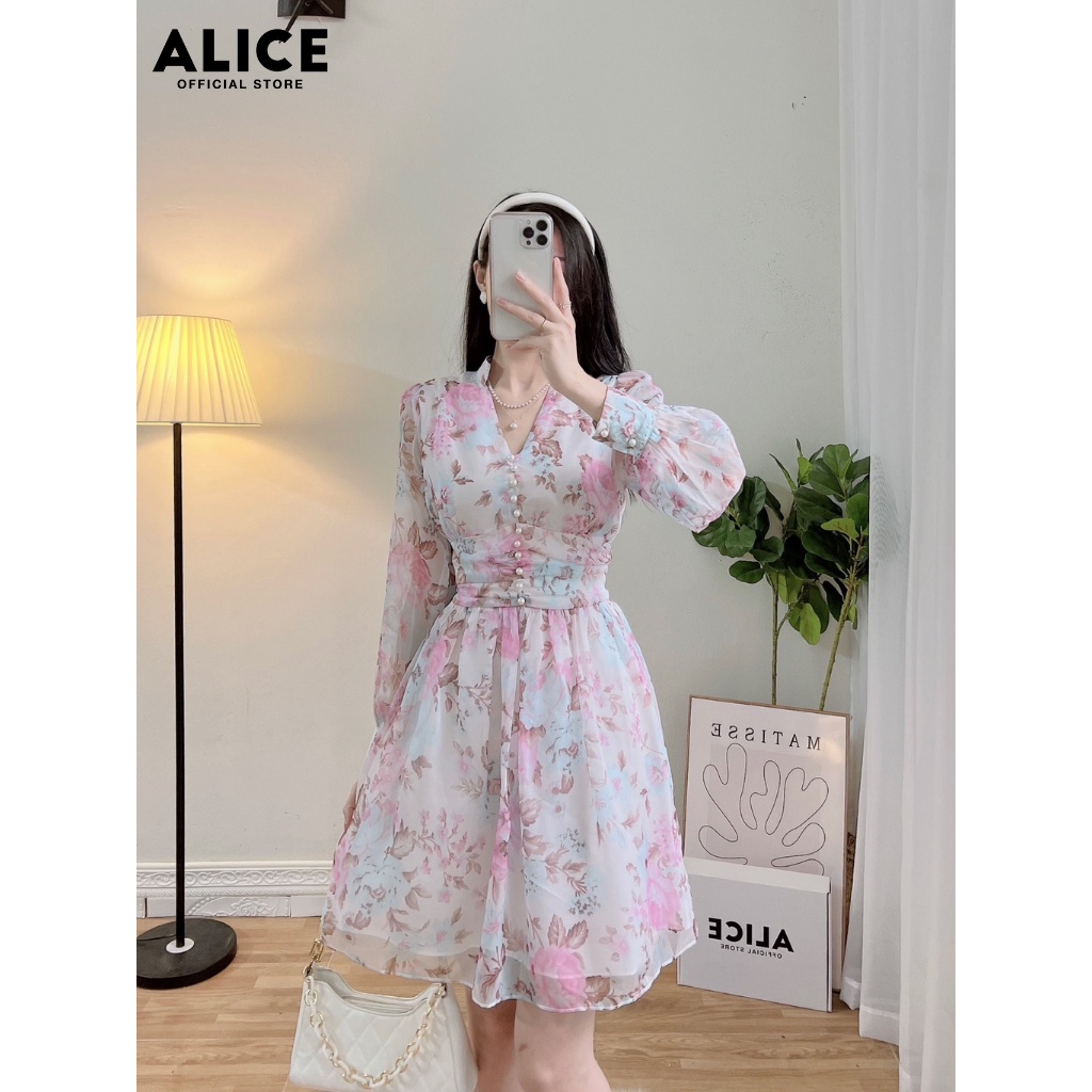 Váy Hoa Xòe Dài Tay ALICE Chất Vải Tơ Lót Lụa Mềm Mịn Thiết Kế Váy Chiết Eo Cố V Cúc Ngọc Duyên Dáng Thanh Lịch V779-4