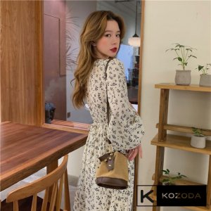 Váy babydoll dáng dài đầm hoa nhí trắng đen hàn quốc dài tay vintage tiểu thư đẹp kozoda D9-7