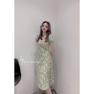 Váy đầm nữ dự tiệc dáng xòe hoa cúc họa mi tay con nhún trước ngực chất lụa hoa cao cấp mềm mại, mặc tôn dáng-4