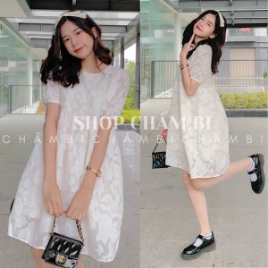 Váy kiểu Hàn Quốc V.097, Váy babydoll be 2 lớp cổ tròn tay phồng thắt nơ lưng họa tiết ren nổi cực xinh-8