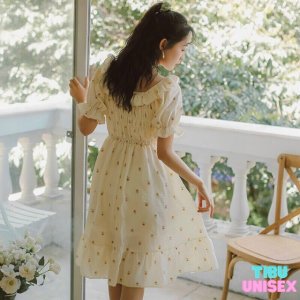 Váy nữ trễ vai hoa nhí phong cách vintage bánh bèo, Đầm tiểu thư ulzzang dáng xòe dự tiệc tiểu thư-5