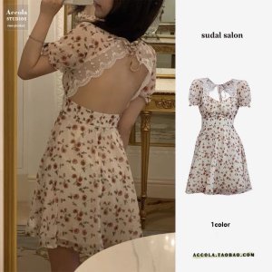 (Ảnh thật)(sẵn L) Váy đầm hoa nhí hở lưng cổ vuông dáng xoè thắt nơ phối ren xinh xắn tiểu thư đi chơi du lịch đi biển-3