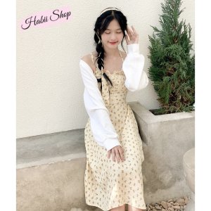Set váy hoa nhí cổ yếm dáng dài kèm áo khoác cardigan croptop Ulzzang HABII V02-5
