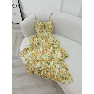 Váy hoa nhí đuôi cá nhún eo họa tiết hoa vàng tay phồng cách điệu dáng dài dự tiệc,công sở xinh đẹp XUKA DRESS DT038-8