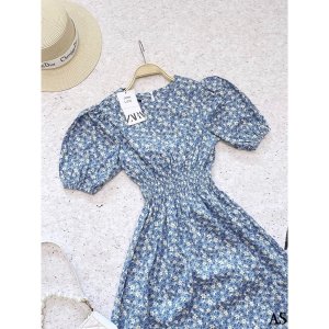 Váy Hoa Nhí Maxi Chun Eo Tay Bồng Ulzzang Style (Hàng Loại 1,hình thật) Váy Hoa Nhí Xanh Vintage-7